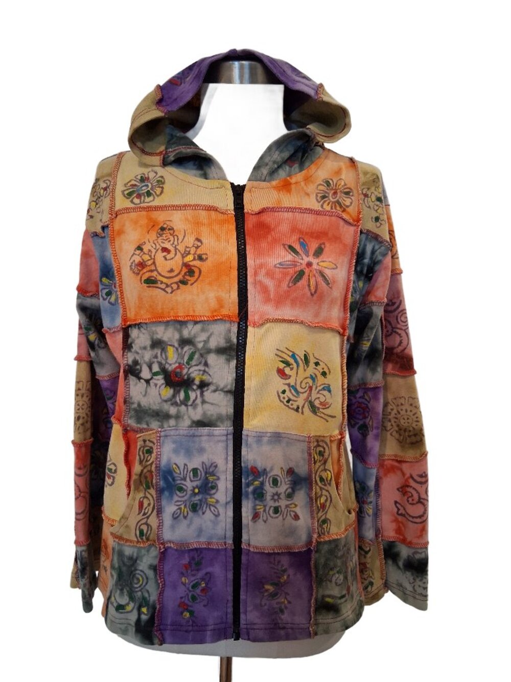 Karma Circle Women's Boho Hippie Tie Dye Patchwork Hoodie Jacket Large